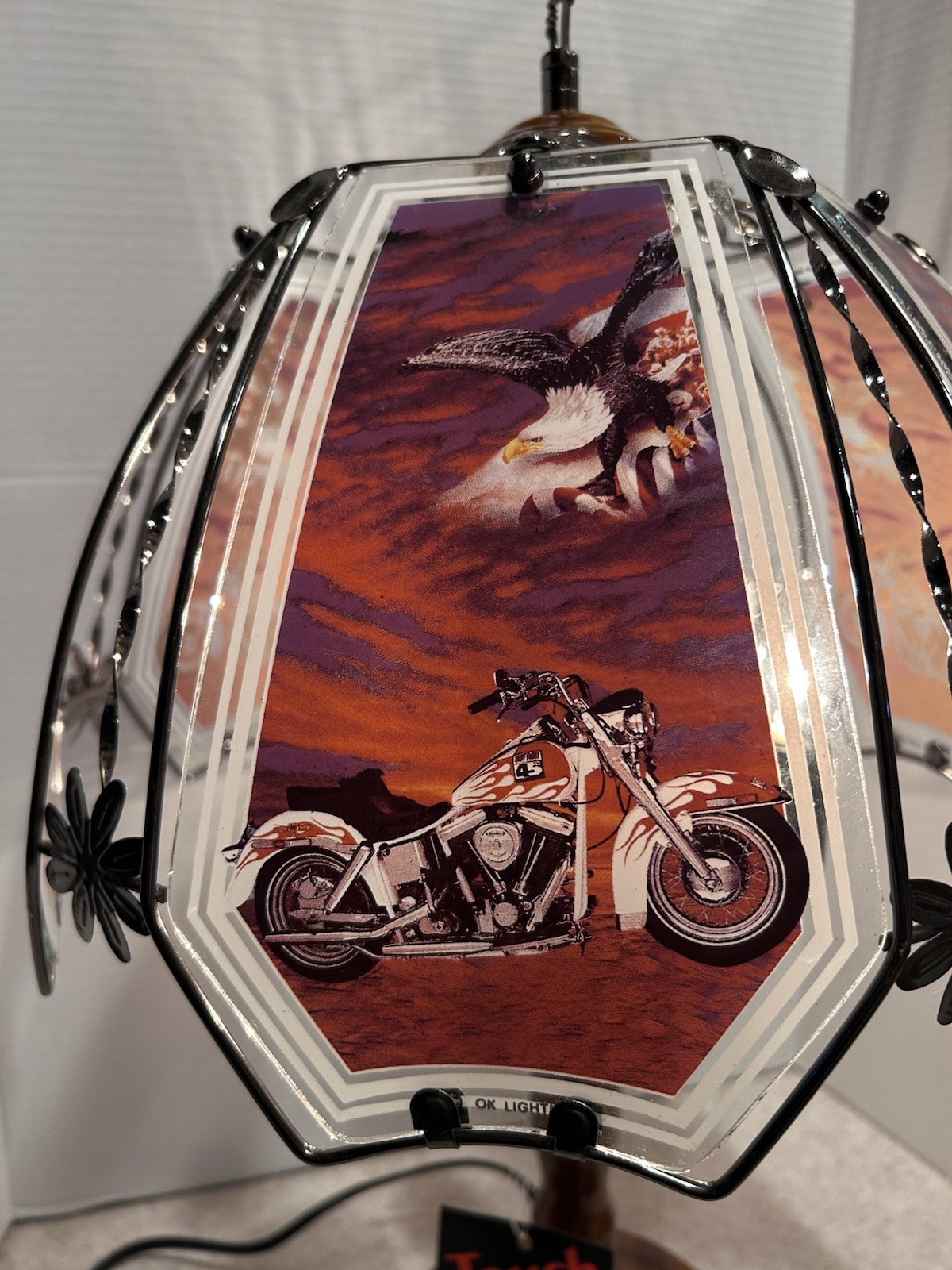 Vintage OK lighting Touch lamp Glass Panels & Shade Motorcycle Eagle USA NEW