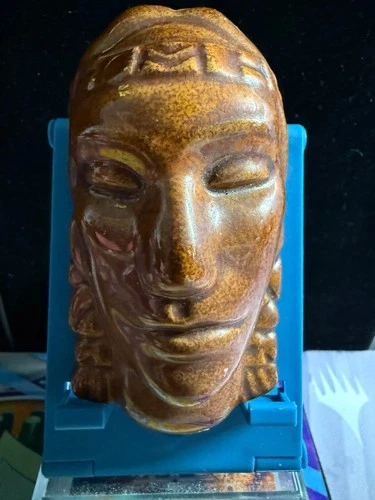 Frankoma Indian Maiden Mask Pottery #6-132 Figurine Brown Green Glaze