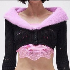Heaven Marc Jacobs Cropped Knit Cardigan Pink Faux Fur Collar S NWT NEVER WORN