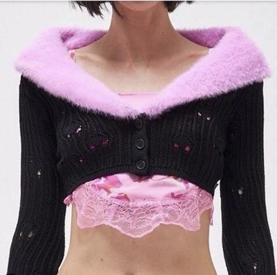 Heaven Marc Jacobs Cropped Knit Cardigan Pink Faux Fur Collar S NWT NEVER WORN