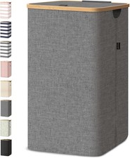 Laundry Hamper with Lid, Tall Laundry Baskets with Bamboo Pull Handles, Large