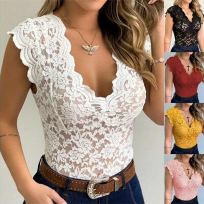 Damen Sexy Spitze Weste T-Shirt Top Durchsichtig Slim Ärmellos Unterhemd Solid - Bild 1 von 4