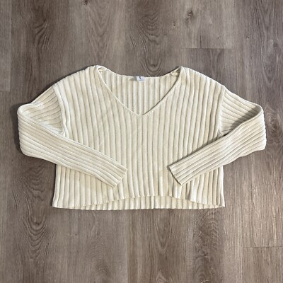 Abound Women's Long Sleeve Ribbed V-Neck Cropped Knit Top Cream Size S