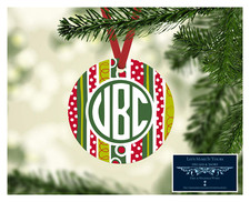 SET OF 4 MONOGRAM INITIALS METAL CHRISTMAS ORNAMENTS PERSONALIZED POLKA DOTS D15