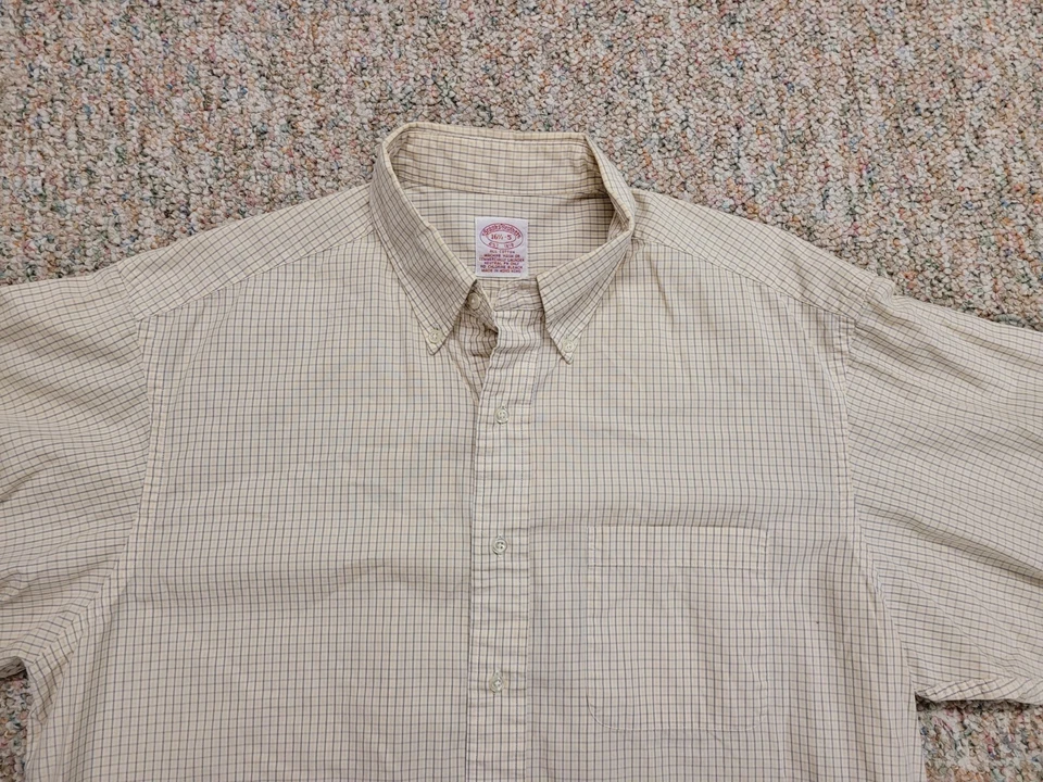Camisa masculina Brooks Brothers 16,5 bege xadrez botão para baixo manga longa Preppy - Imagem 2 de 4