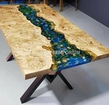 Blue Resin Epoxy Dining Custom Table Top Acacia Wooden Precious Living Décors