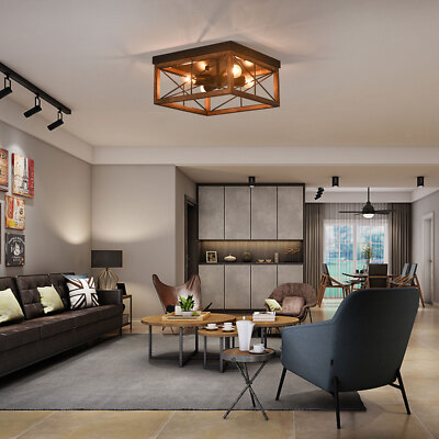 4-Lights Metal & Wood Rustic Square Flush Mount Ceiling Light Pendant Lamp SALE