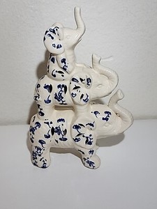 Delft Type Ceramic Gloss White 3 Elephants Figurine w Blue Floral 9"x 7" Tall