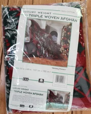Crown Crafts Woven Throw Afghan Blanket Holiday Flowers Vintage New Red Green