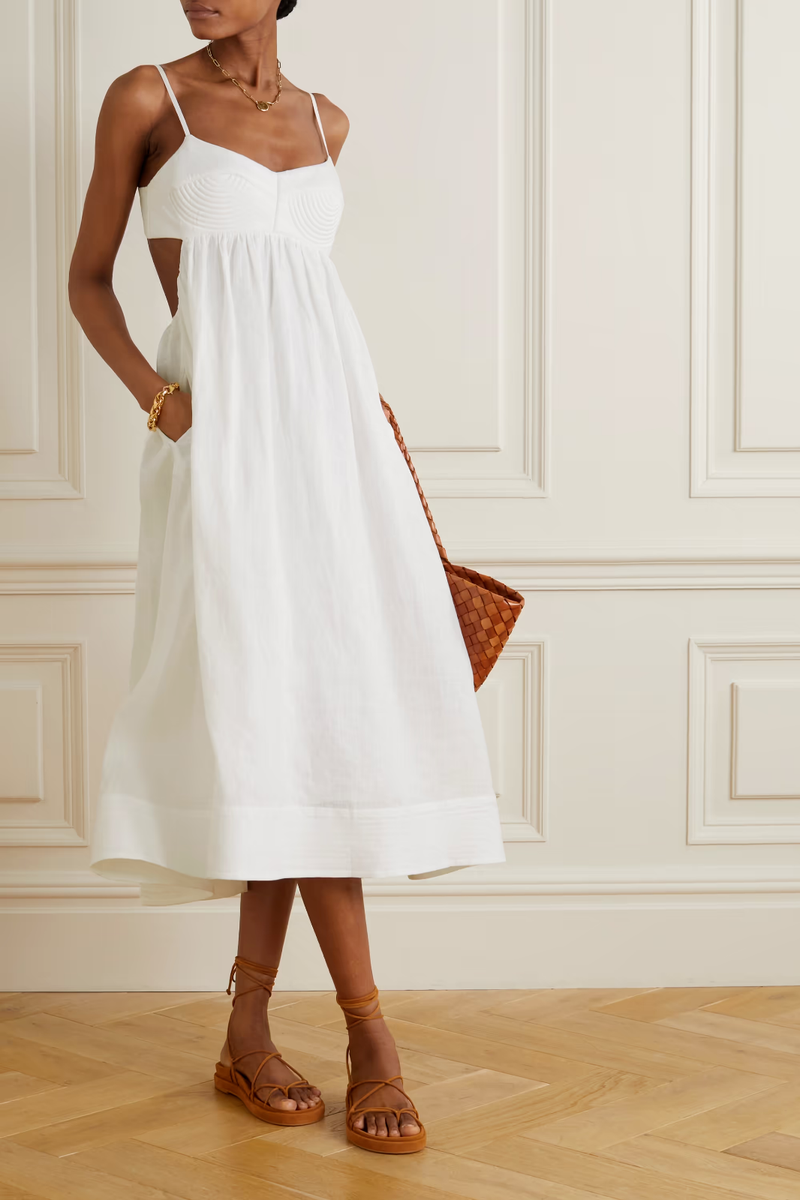 ZIMMERMANN Ivory Bralette Cut-Out Open Back Linen Midi Tank Dress