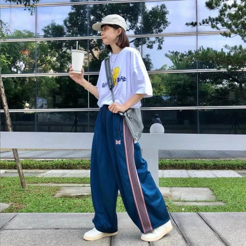 Needles track Butterfly embroidery Straight-leg fat pants Casual sports Wide-leg