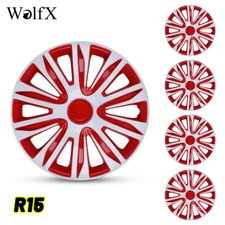 15" White Red 4Pc Wheel Covers Snap On Full Hub Caps Fits R15 Tire & Steel Rim