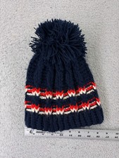 Beanie Toque Youth One Size Blue Red Stripe Crochet Knit Acrylic Blend Ski Pom