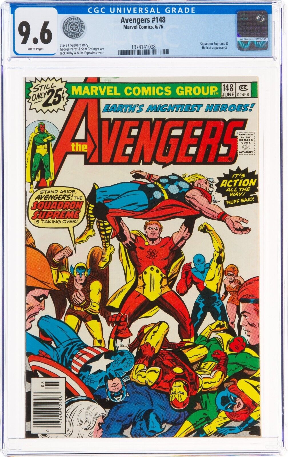🔥 The Avengers #148 9.6 CGC White Pages George Perez Squadron Supreme Iron Man