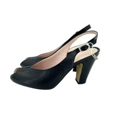 FAUZIAN JEUNESSE Black Leather Shoes Peep Toe Slingback Pumps SZ 38 EU NIB