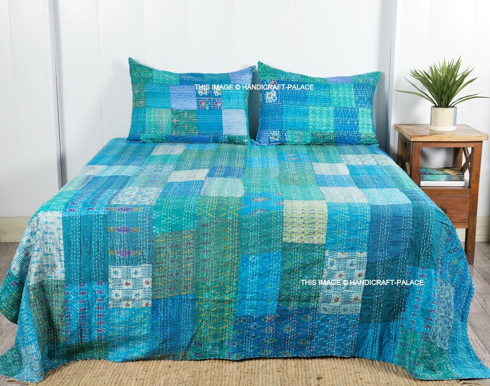 Indian Vintage Aqua Silk Patola Kantha Quilt Handmade Reversible Bedspread Queen - Image 2 of 4