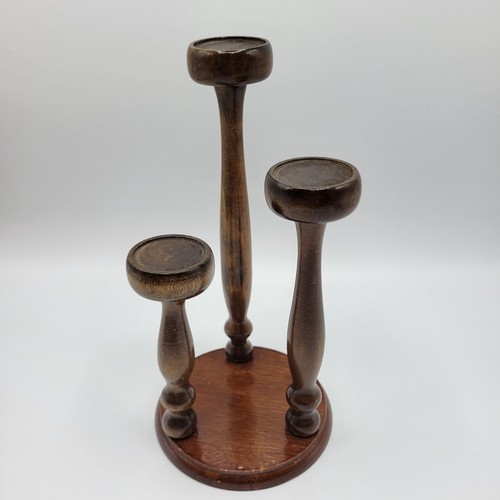 Vintage Wooden 3 Tier Candle Holder Stand Brown 10" MCM - Picture 8 of 10