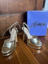 Women's Chunky Gold Ankle Strap High Block Heel Sandals Liliana Josy- 7.5