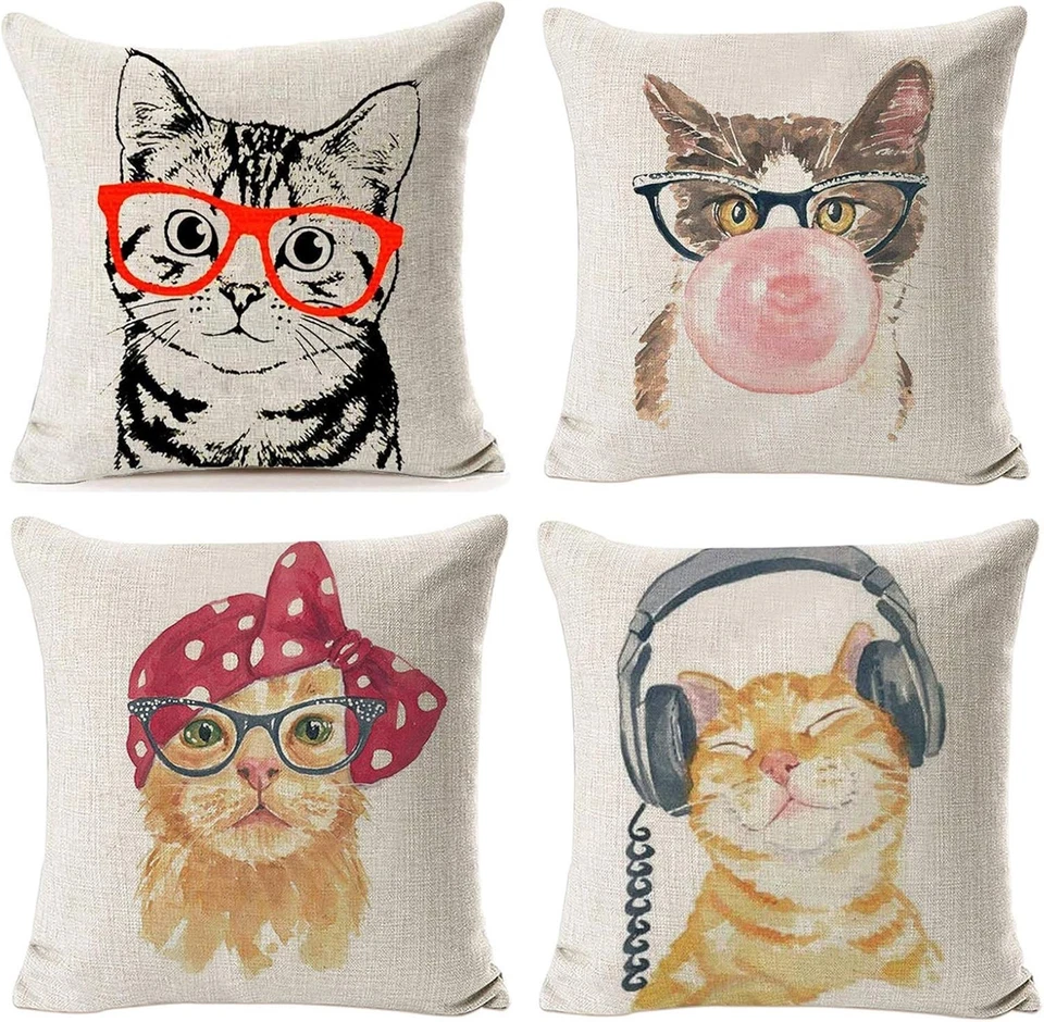 Fundas de almohada duraderas con tema de gato - Juego de 4 Foto 3 de 4