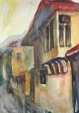 Vintage impressionist landscape watercolor painting village