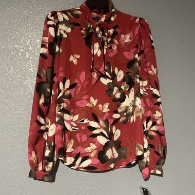 Zac & Rachel Blouse Top Size S Woman s Red Floral Print Tie V-Neck Long Sleeve