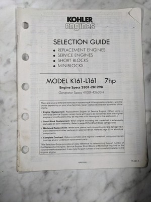 KOHLER ENGINE SELECTION GUIDE REPLACEMENT SERVICE SHORT MINI BLOCKS K161-L161