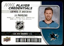 2018-19 Upper Deck MVP NHL Player Credentials Level 1 Access Joe Pavelski San