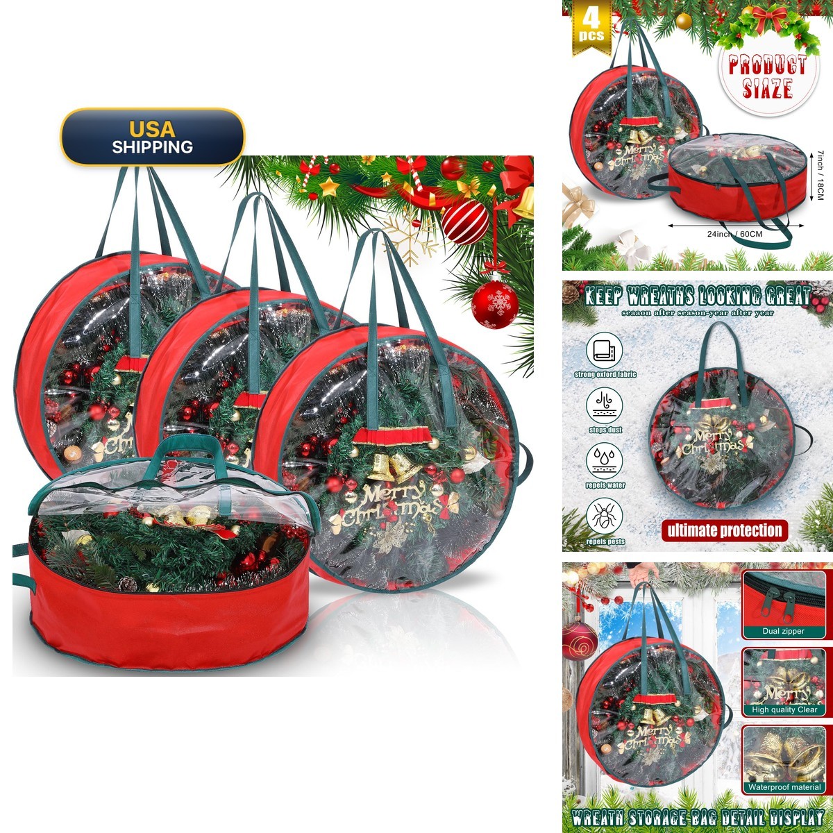 Shappy 4 Pcs Wreath Storage Bag Container Clear Window, 24 Inch RO-Shappy-16957