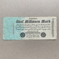 1923 German 5 Million Mark Banknote, Germany Currency Era between WWI WW2 WWII