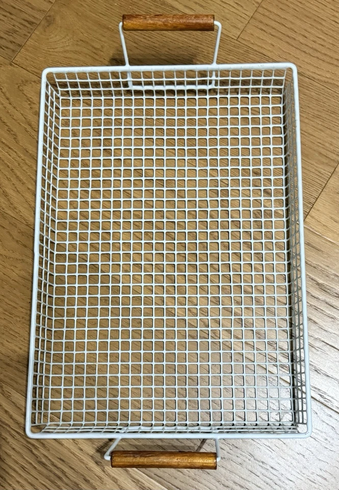 Bandeja de malla/cables blanca 16x11,5x2, asas de madera Foto 2 de 4