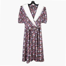 Vtg WHIRLOWAY Black/Multi Floral SATIN Bleted COTTAGECORE Blouson Dress Sz 12