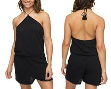 ROXY Round Rock Romper Sz M Black Embroidery Halter Neck Tassel Lace Trim Cotton