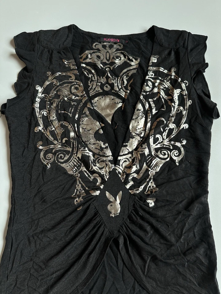 Top vintage Playboy cuello en V profundo glamour Y2K negro/plateado talla 14 Foto 3 de 4