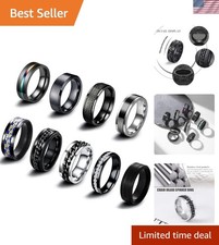 Cool Black Stainless Steel Band Rings   9-Pc Set for Men  Women, Size 10