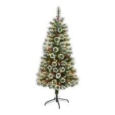 5ft Pre-Lit Frosted Swiss Pine Christmas Tree 200 LED Lights Berries Artificial|