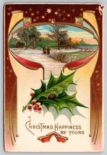 Art Nouveau Christmas Scene with Holly Sprig, Winter Landscape Postcard