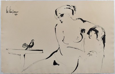 Kampmann, mother and child with pigeon. 1977. Signed Original Drawing.