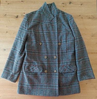 Vintage Women Wool Mohair Jacket, Grey Red Plaid Tartan Print, Spain 36/38 size