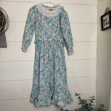Girls Vintage Handmade Green Pink Floral Cottagecore Prairie Dress Lace Collar