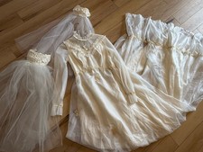 3 Pc Vtg 1970s Wedding Gown Dress Victorian Revival Sleeves Sheer 2 Cap Veil Lot