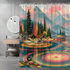 Abstract Mountain Forest Shower Curtain, Lake and Pine Tree Print