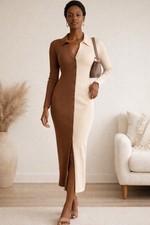 ASTR The Label Brown Beige Colorblock Collared Button Dress Long Sleeve M 