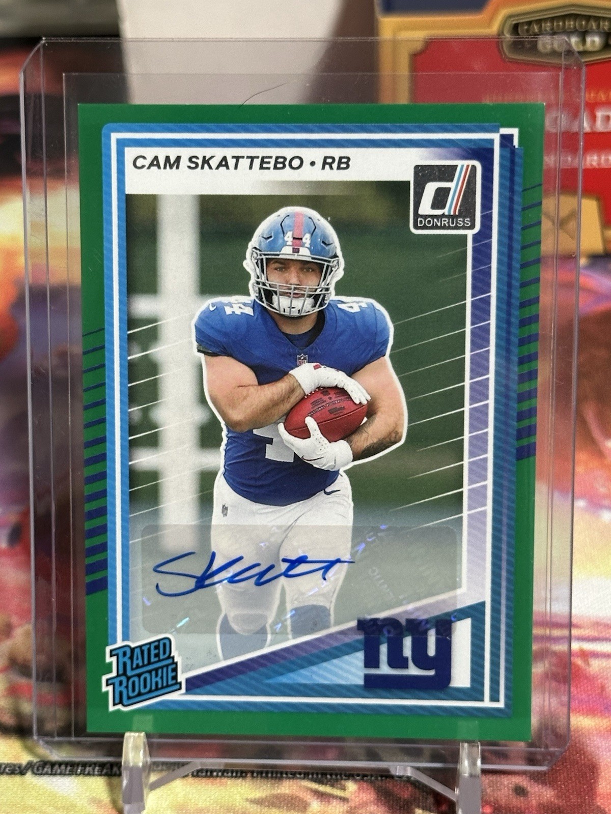 2025 Donruss Cam Skattebo #302 Green Press Proof Rated Rookie Auto RC Giants