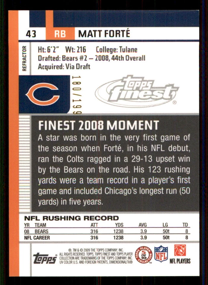 2009 Finest Green Refractors 199 #43 Matt Forte /199 - Image 2 of 2