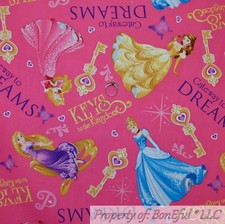 BonEful FABRIC FQ Cotton Quilt Pink DISNEY Princess Belle Cinderella Rapunzel US