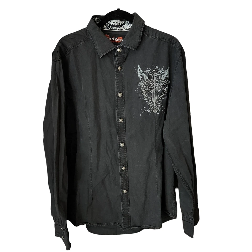 Y2K House of Lords Shirt Mens XXL Black Embroidered Metal Button Gothic Dragon - Image 2 of 4