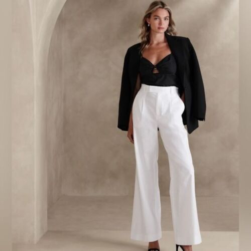 Banana Republic BOHO White LINEN High-Rise Wide-Leg Pants Size 4 PETITE #535010