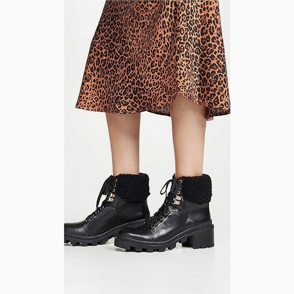 $859 Nuevo Alice and Olivia Hettie Sherpa Cuero Moto Combate Bota Talla 10 Negro