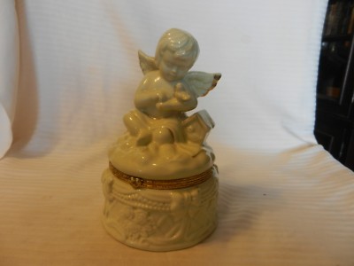 White Ceramic Angel Cherub With Dove Trinket Box with Gold Trim from SEI