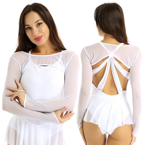 Women Ballet Dance Crop Top Long Sleeve Mesh Rhinestones T-shirt Ballroom SHrugs - Bild 23 von 50